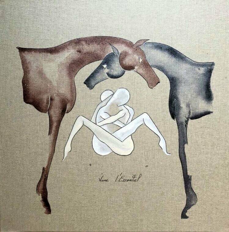 "Vivre l'essentiel".
40x40 cm sur toile encollée lin.
Technique encres.