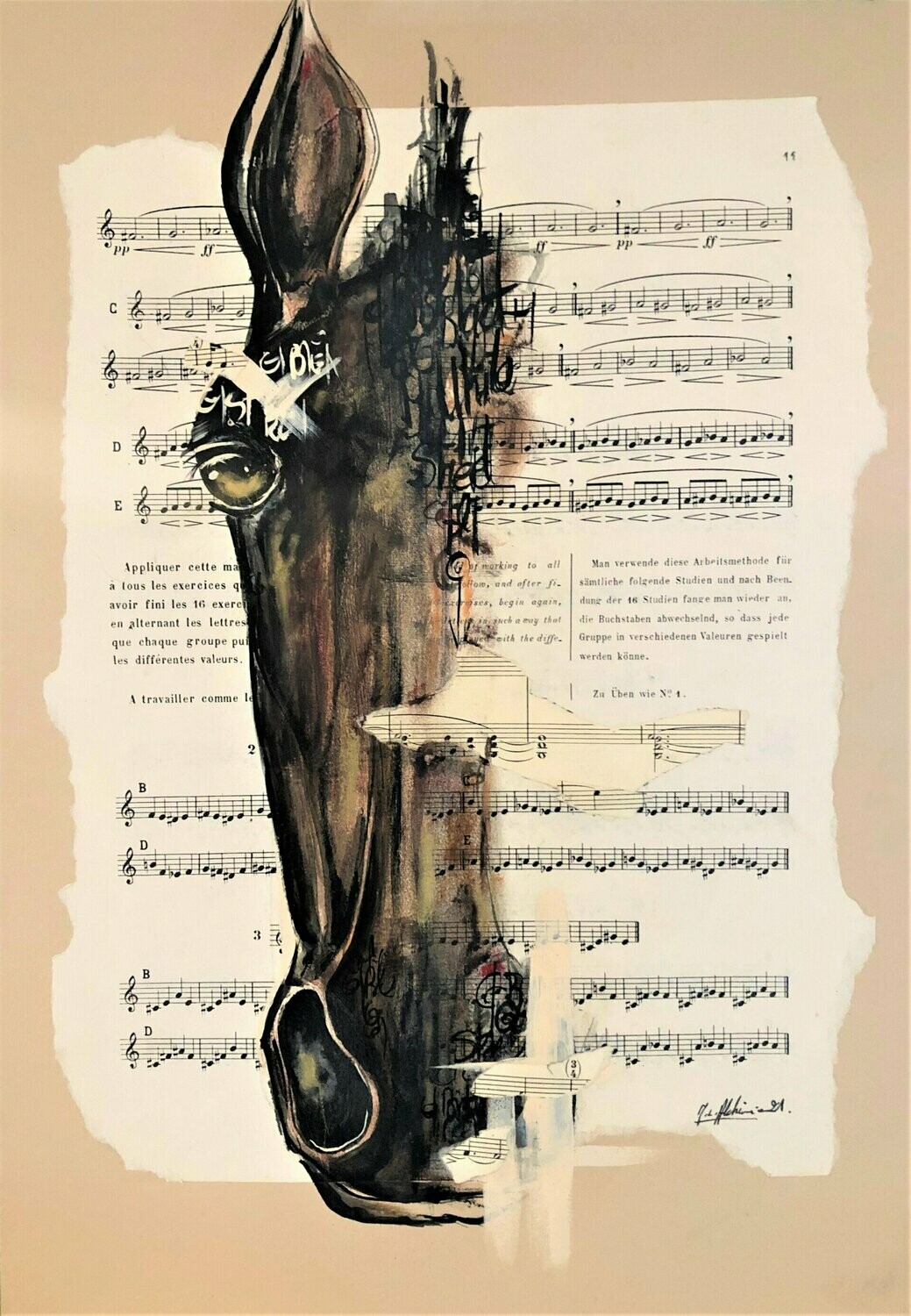 "Mon écho".  42x29,5cm. Sur papier écru et partition ancienne. Pastels, encres, pointes fines.