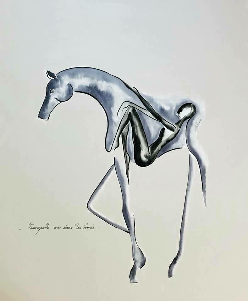 "Transporte moi dans tes émois".
Sur toile encollée.
Technique encres. 55x45 cm.