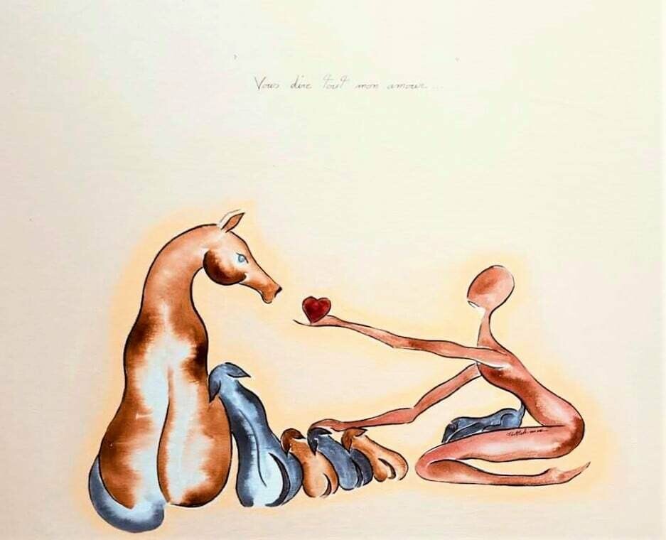 a.  "Vous dire tout mon amour".
Toile encollée 55x46 cm.
Technique encres.