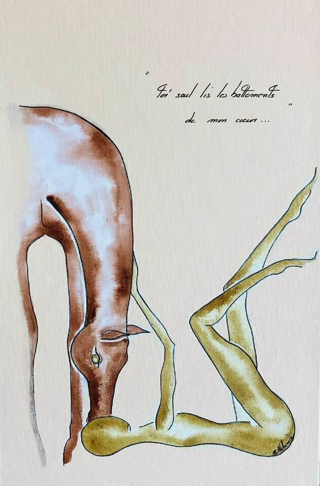 "Toi seul lis les battements de mon coeur".
Sur toile encollée 41x27 cm.
Technique encres.