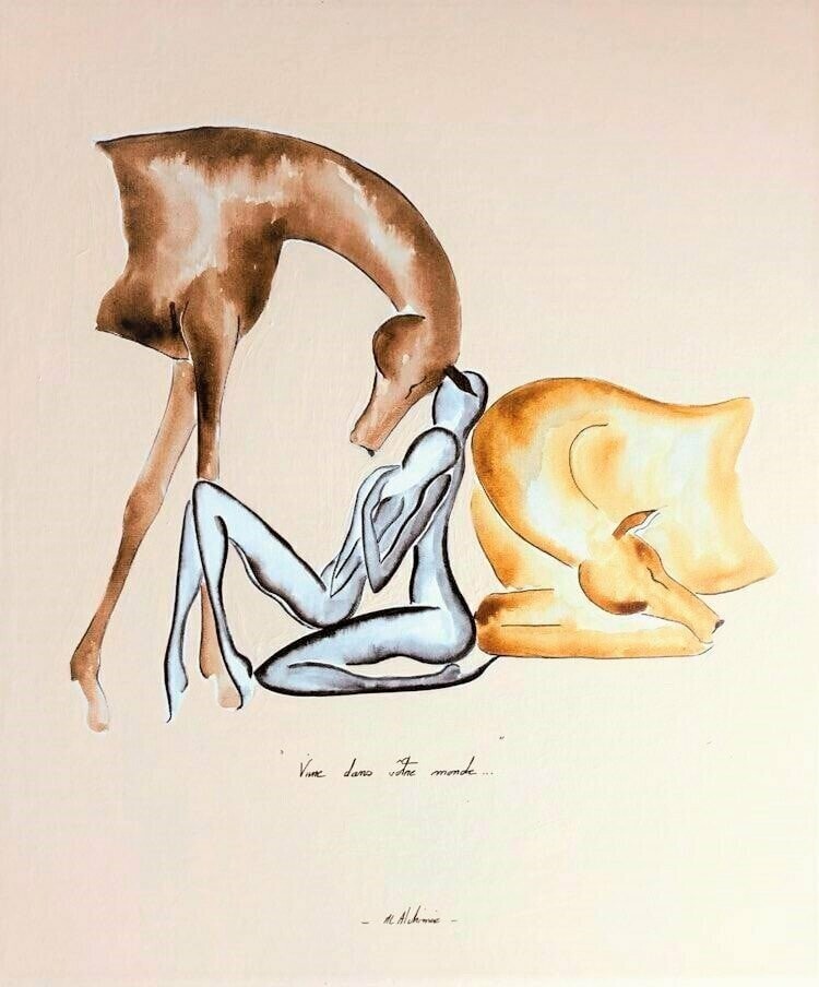 "Vivre dans votre monde".
Sur toile encollée 55x46 cm.
Technique encres.