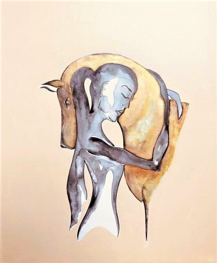 "Sentir ton coeur battre au contact du mien".
Sur toile châssis lin 55x46 cm.
Encres, acrylique.