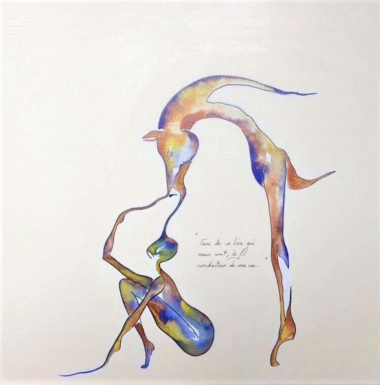 "Faire de ce lien qui nous unit le fil conducteur de ma vie".
Toile châssis lin 60x60 cm.
Technique encres.