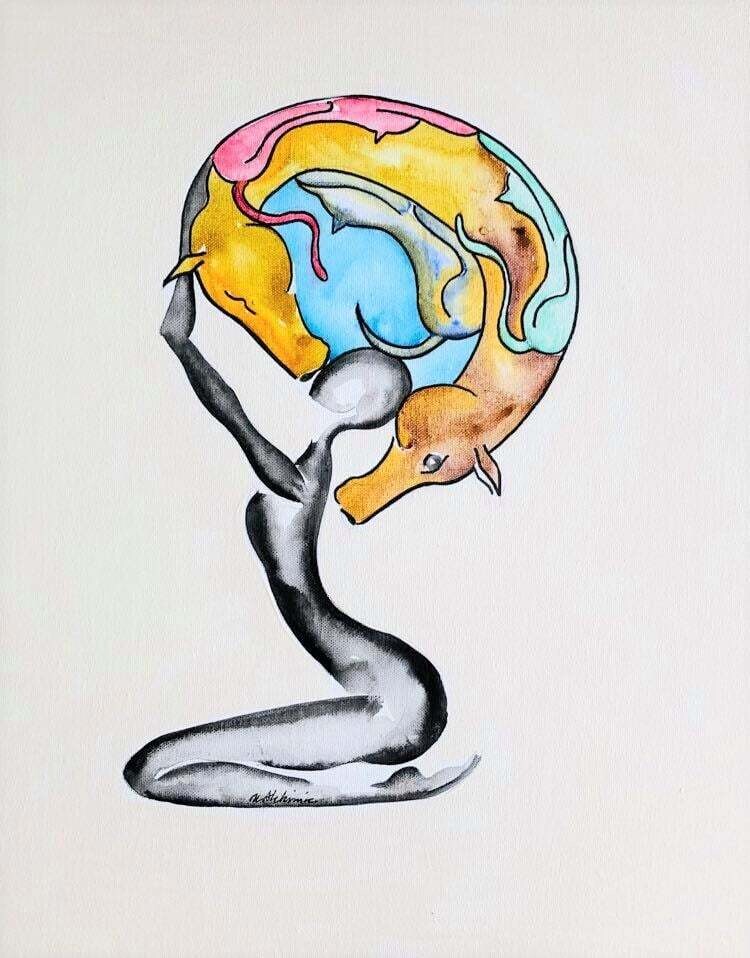 "Sculpter mon ciel de votre présence".
Réalisation sur toile châssis lin 46 par 38 cm
Encres, acrylique.