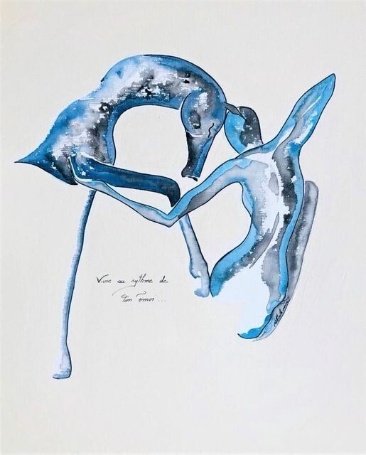 "Vivre au rythme de ton émoi".
Réalisation sur toile châssis lin 46 par 38cm.
Encres.