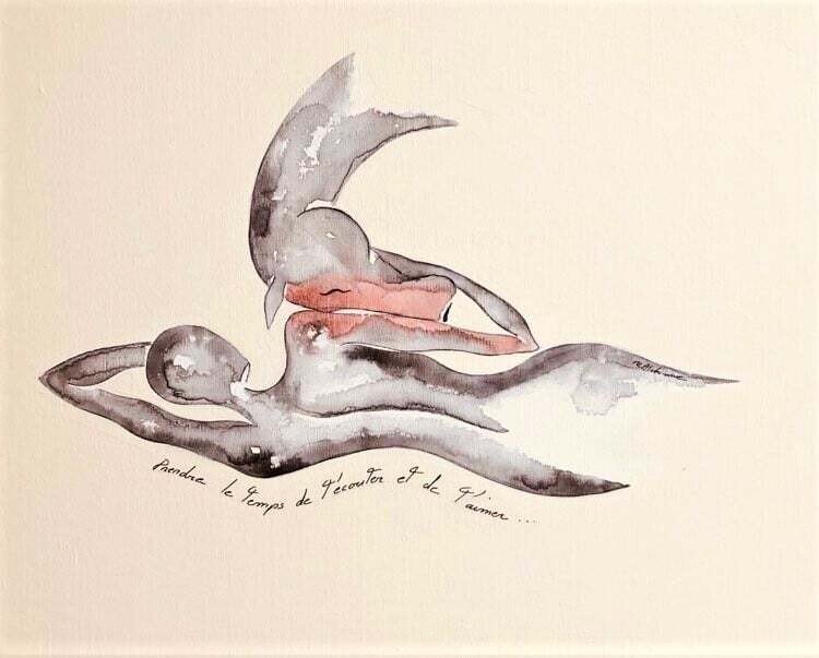 "Prendre le temps de t'écouter et de t'aimer".
Sur toile châssis lin 46 par 38 cm.
Technique encres.