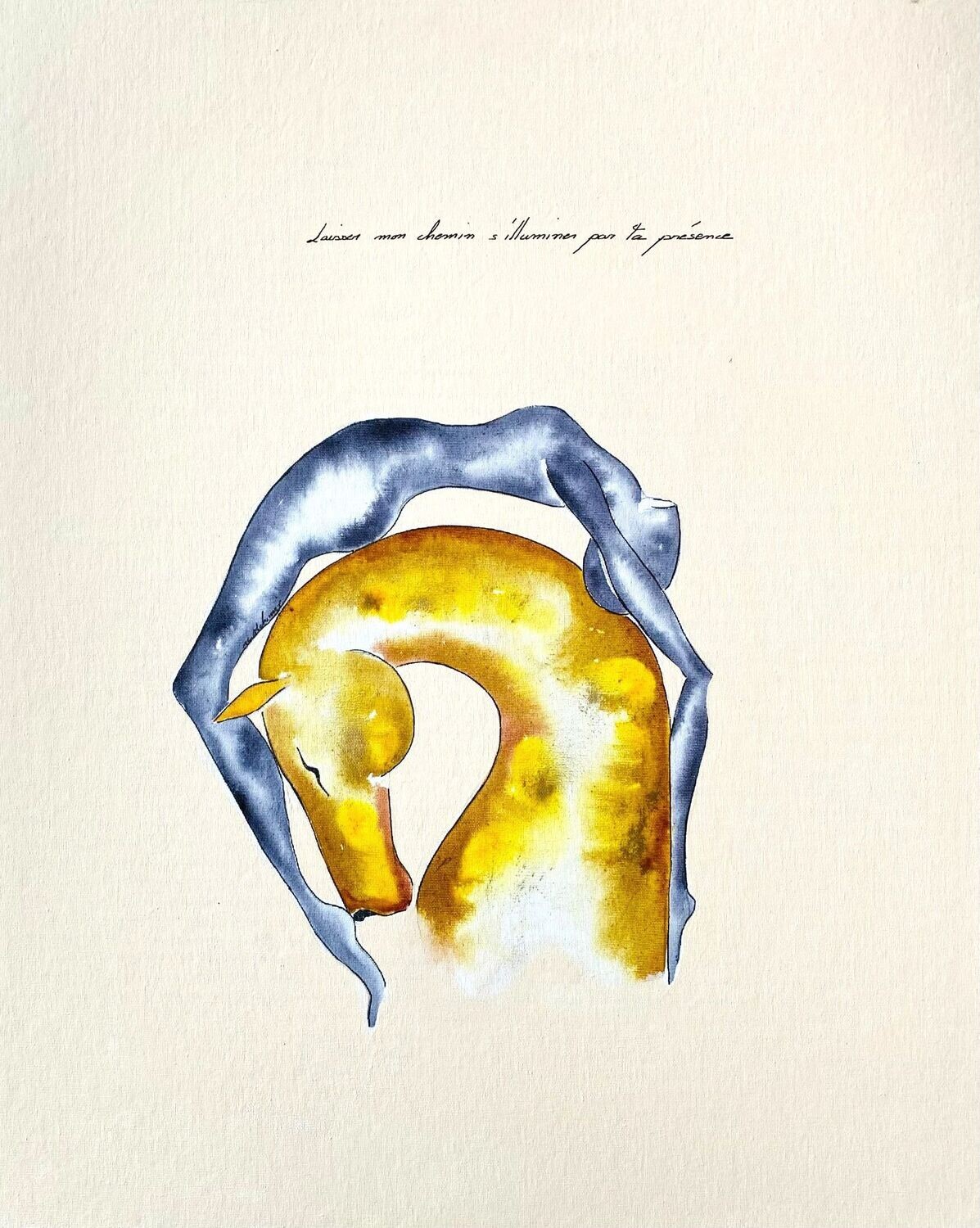 "Laisser mon chemin s'illuminer par ta présence"
 toile encollée 55 par 46cm.
Encres, acrylique