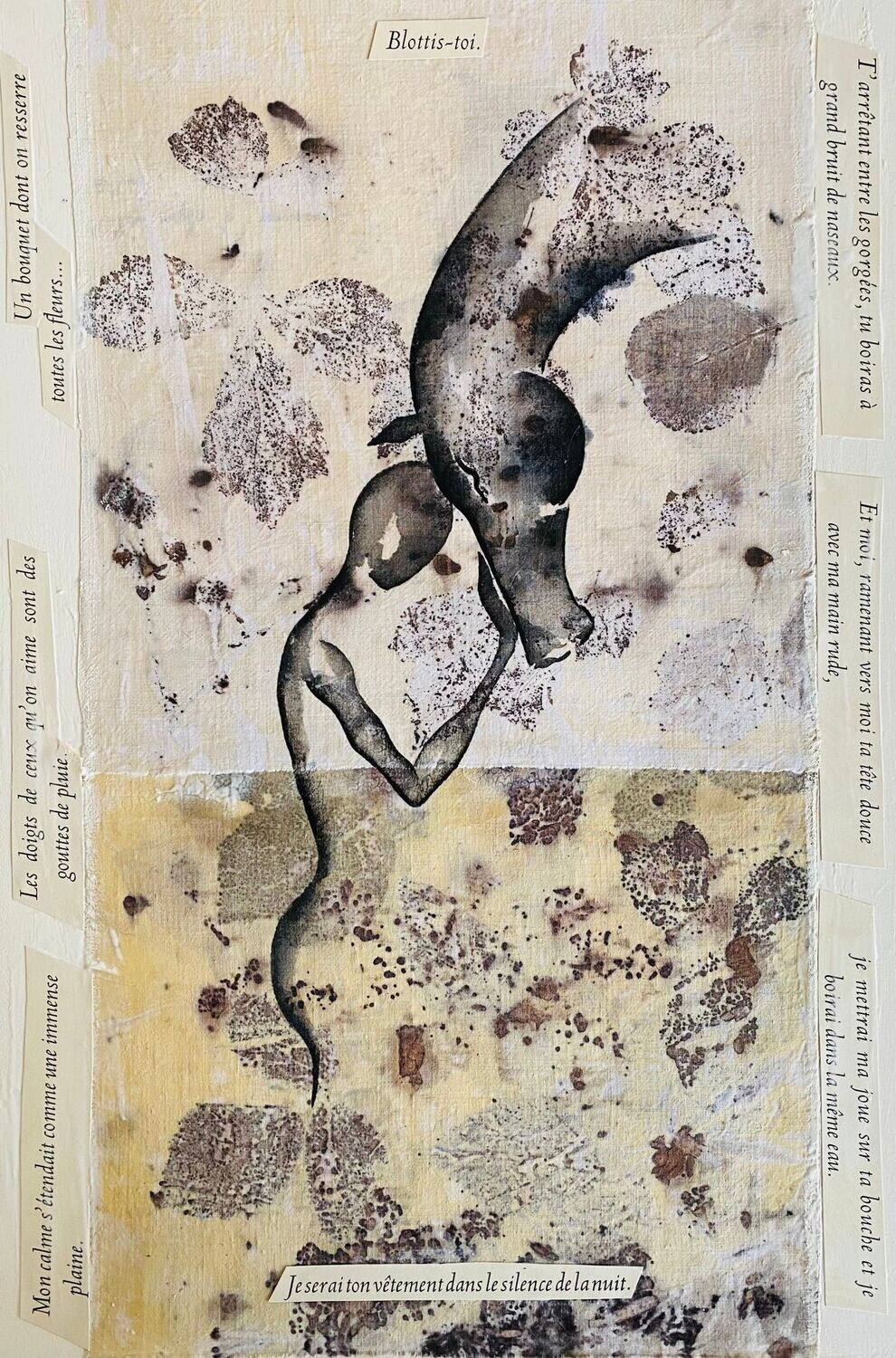 "Blottis-toi"
Sur bois encollé 40 par 60 collage tissus végétal, encres poudres.
