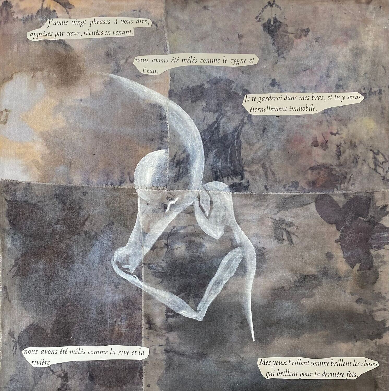 "Je te garderai dans mes bras.
Sur toile encollée 50x50cm. Tissus avec impression végétale naturelle.
Encres et collages.