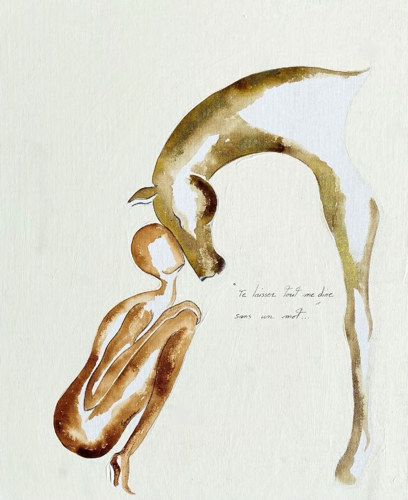"Te laisser tout me dire sans un mot".
Sur toile encollée 55x46cm. Encres, acrylique.