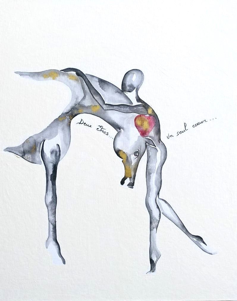 "Deux êtres, un seul coeur".
Sur toile encollée 55x46cm.
Encres, acrylique.