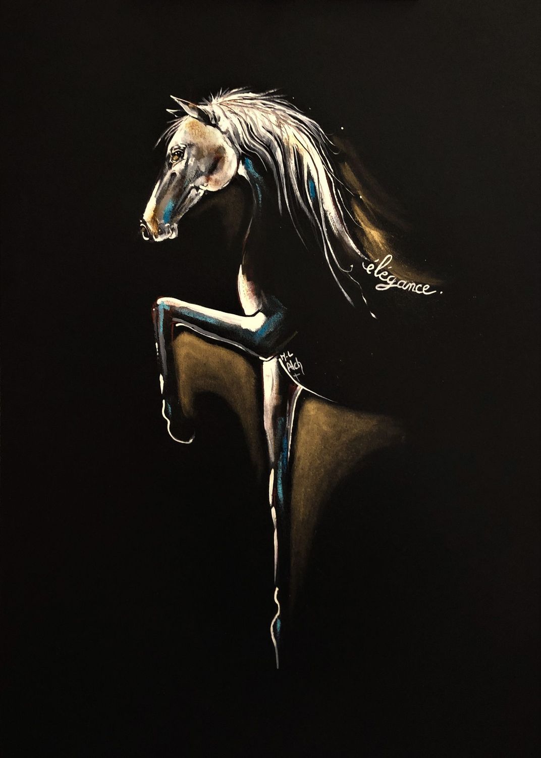 "Elégance"
Sur papier noir 240gr 42x29,5cm.
Acrylique, encres, poudre or.