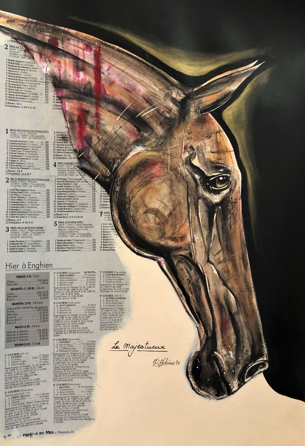 "Le majestueux".
sur papier 250gr 42x29,5cm.
Pastels, acrylique, encres, collages