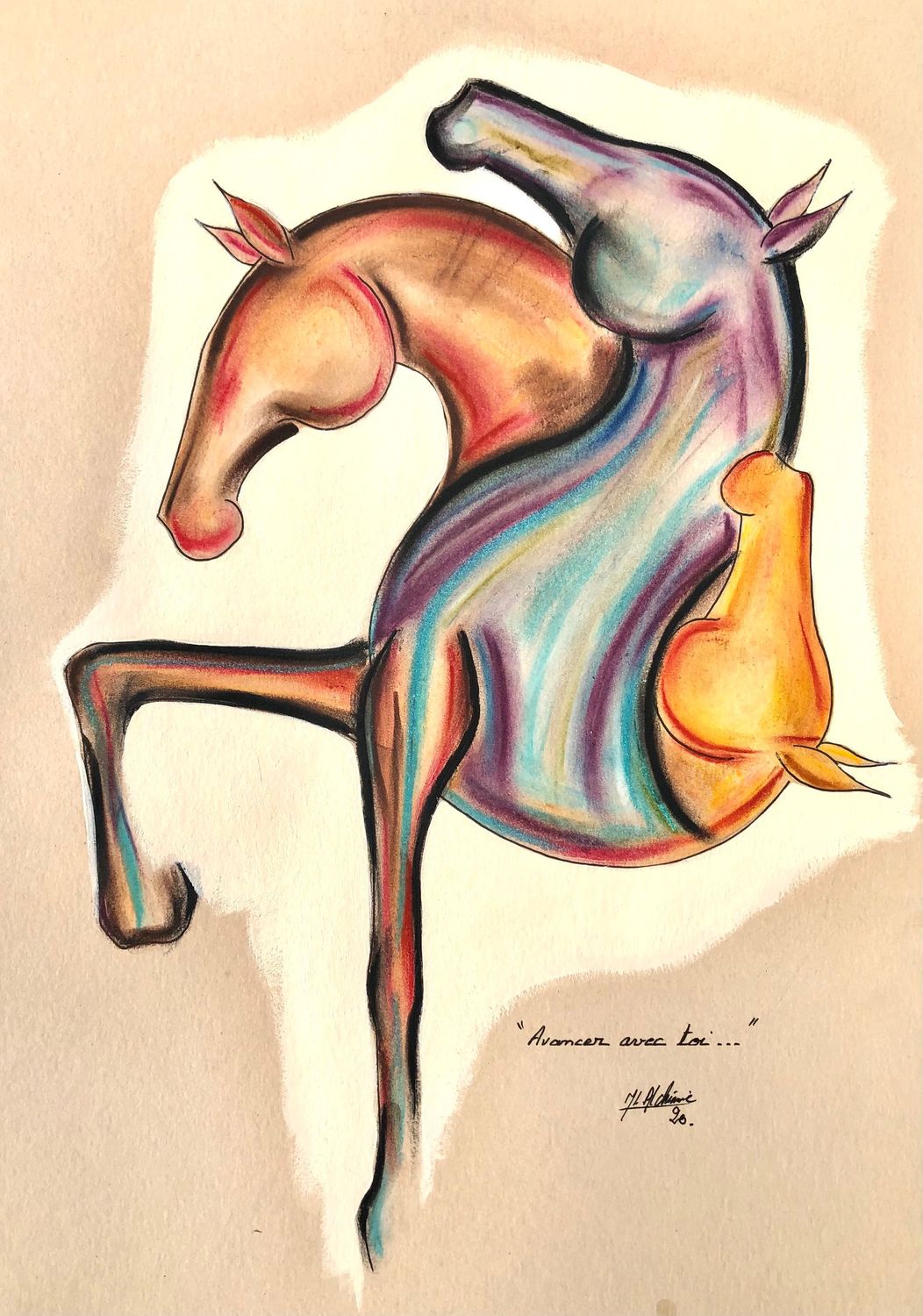 "Avancer avec toi".
Sur papier écru 250gr 42x29,5cm.
Pastels, acrylique...