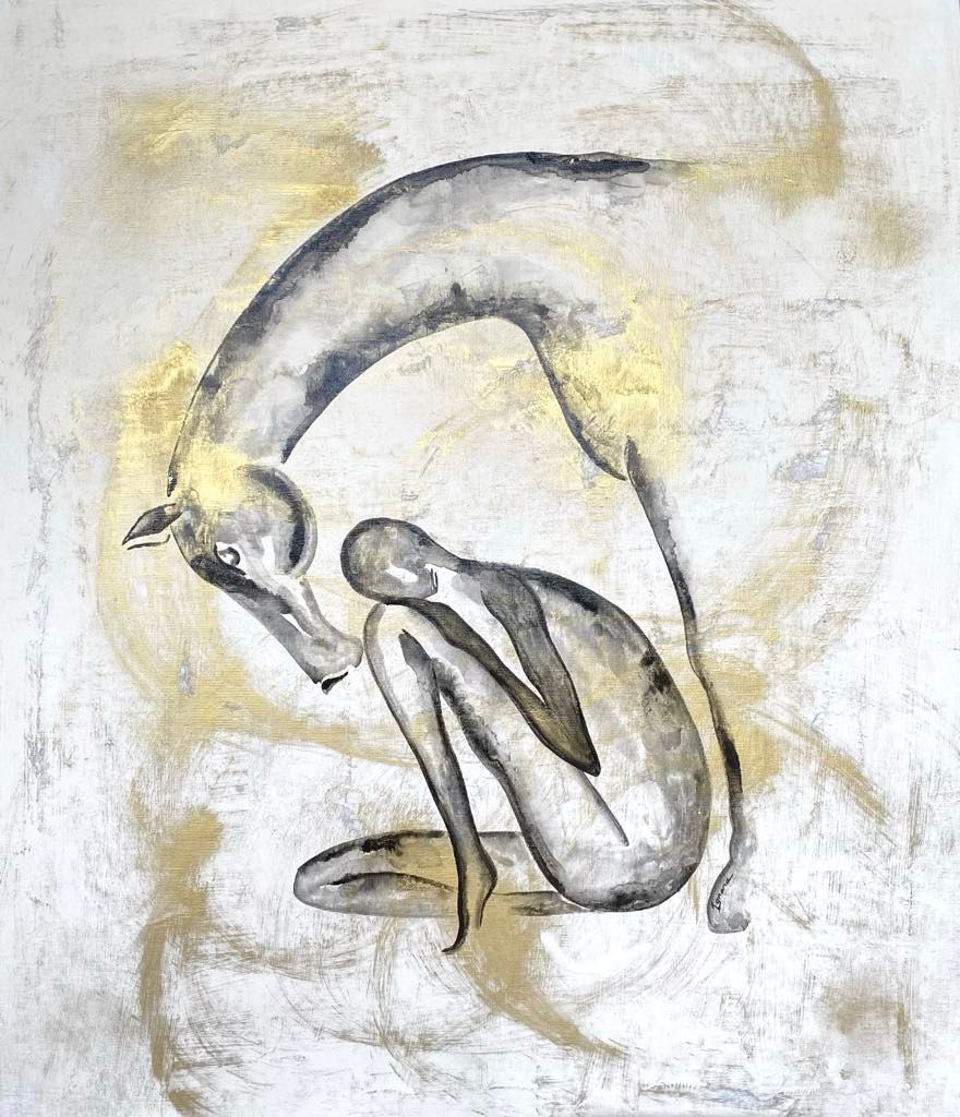 "Osmose".
Toile encollée 55x46cm.
Acrylique, encres, poudre or.