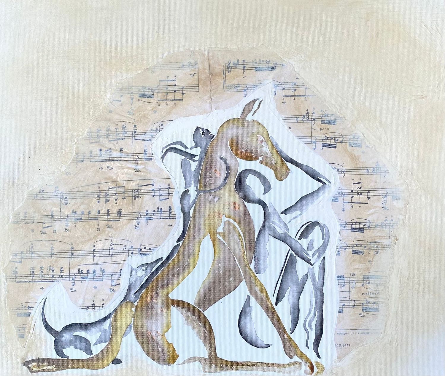 "Vivre dans votre monde". Toile encollée 46x38cm. Encres, acrylique, collage partitions.