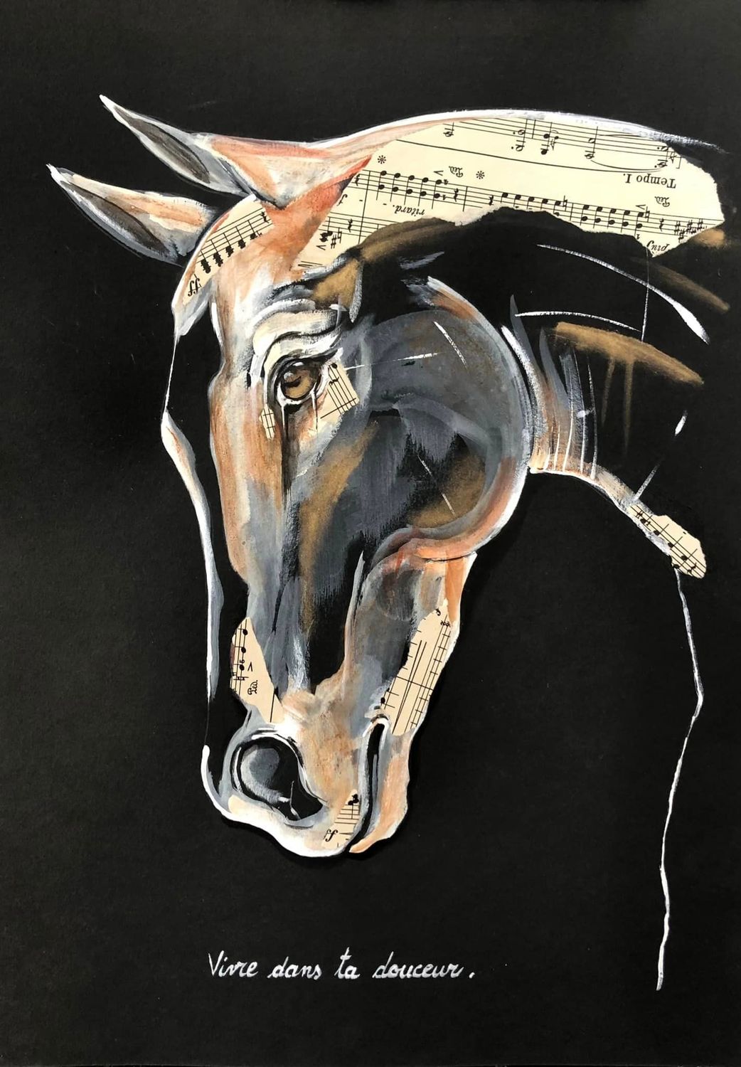 "Vivre dans ta douceur"
Réalisation sur papier black 250gr 42x29,5cm.
Acrylique, pastels, collages, poudre or.