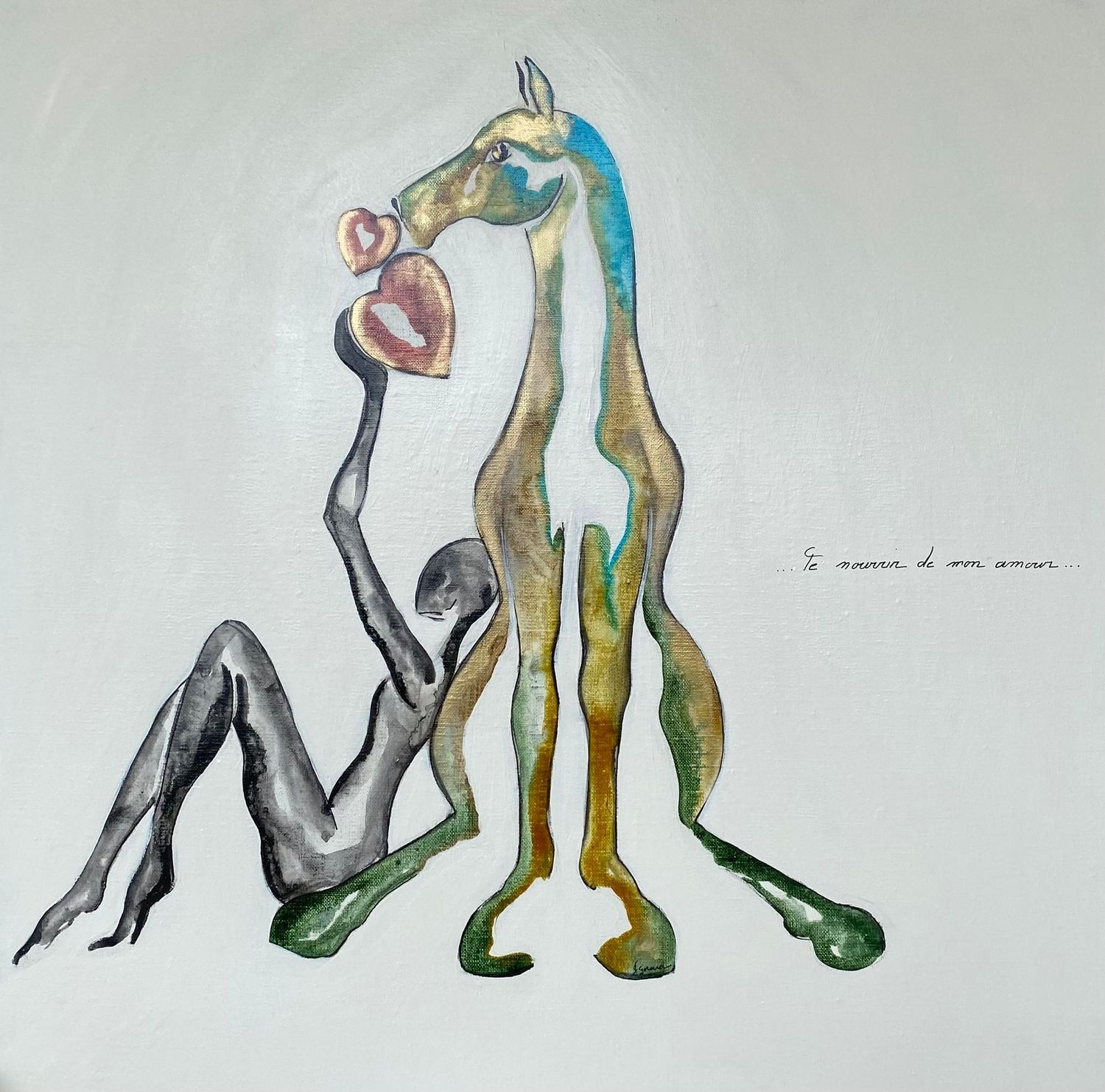 "Te nourrir de mon amour".
Sur toile châssis lin 60x60cm  Encres, acrylique.