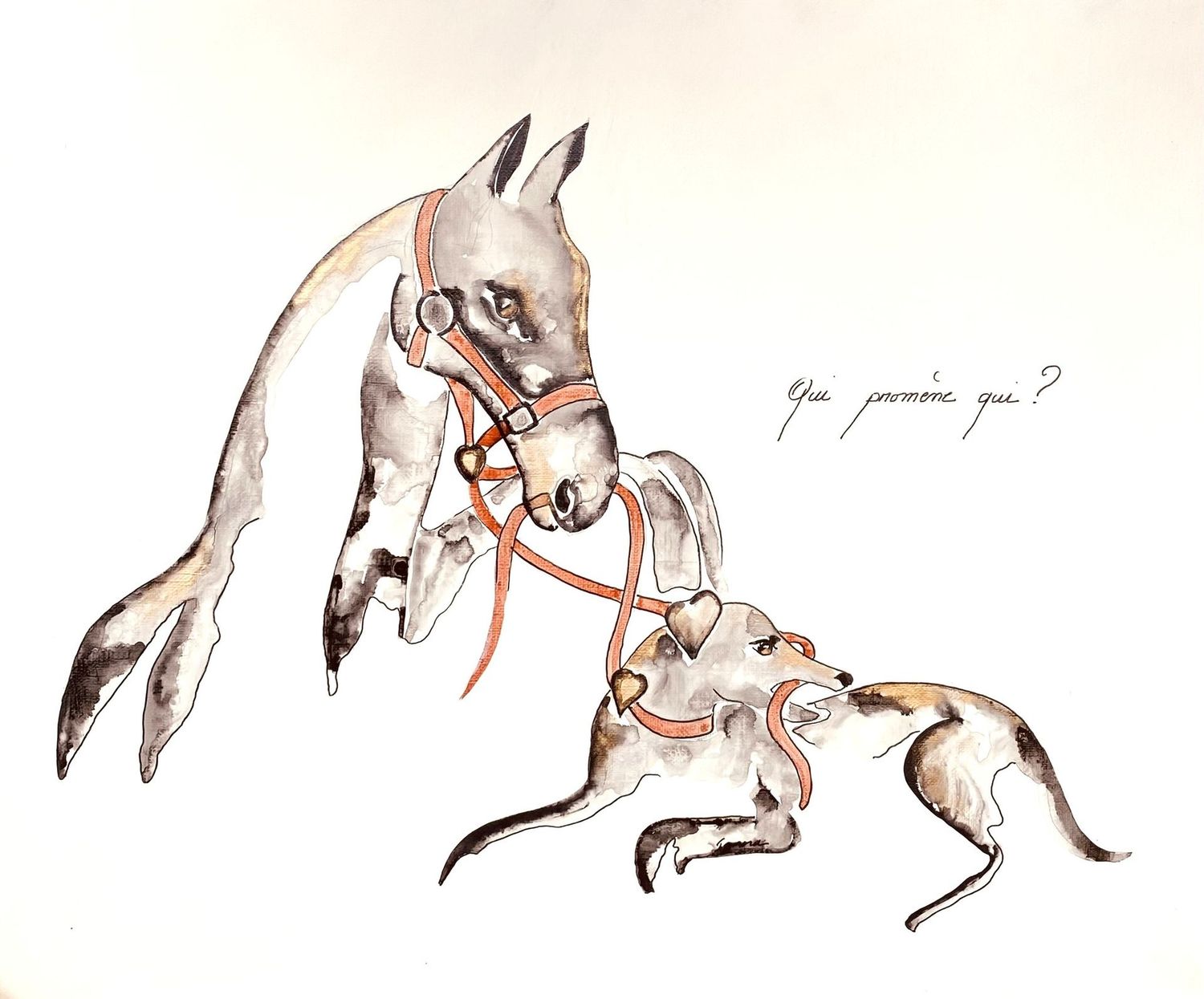 "Qui promène l'autre?" Sur toile châssis lin 46x38cm. Encres.