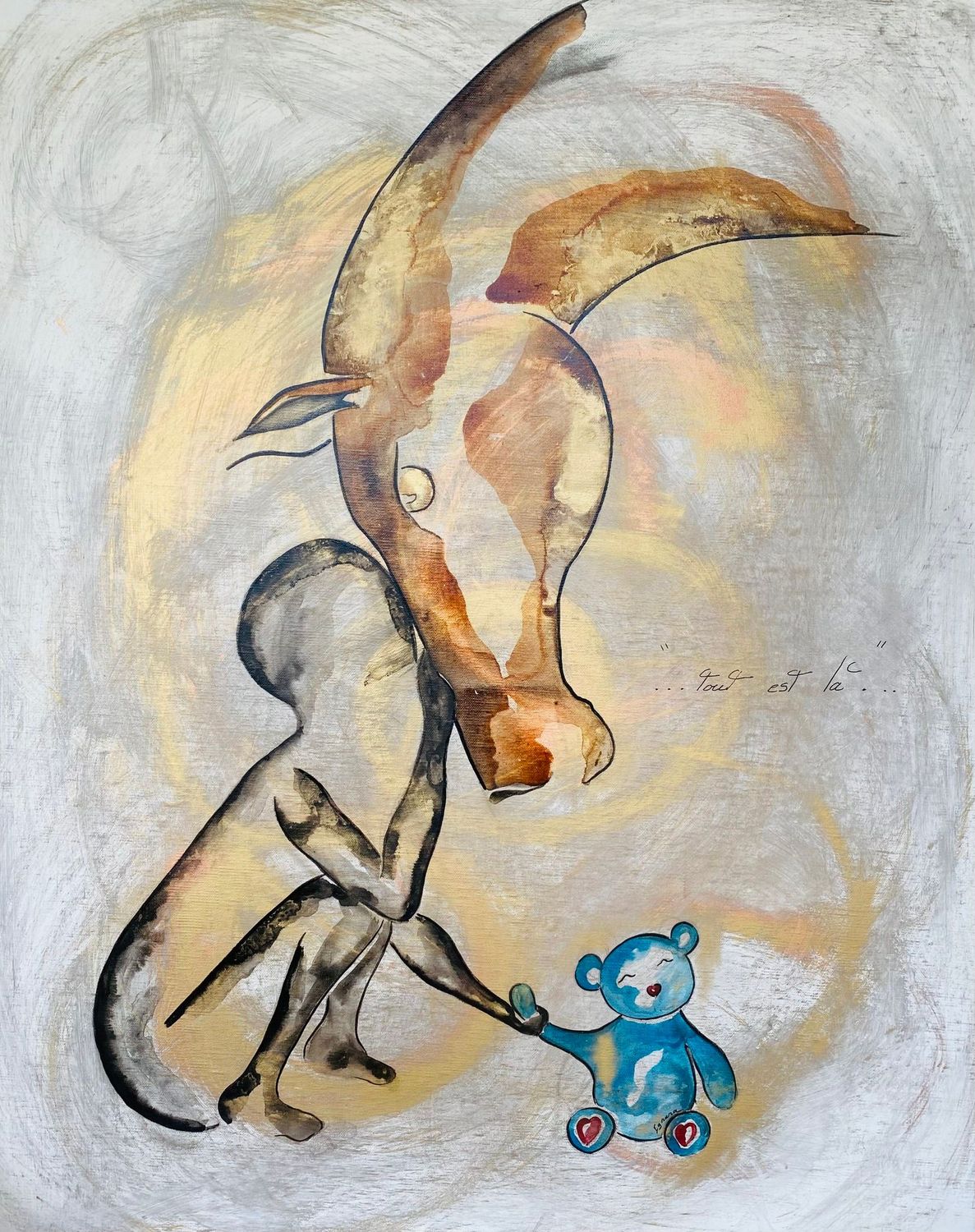 "Tout est là".
Sur toile châssis 80cm x65cm.
Encres, poudre or...vernis....