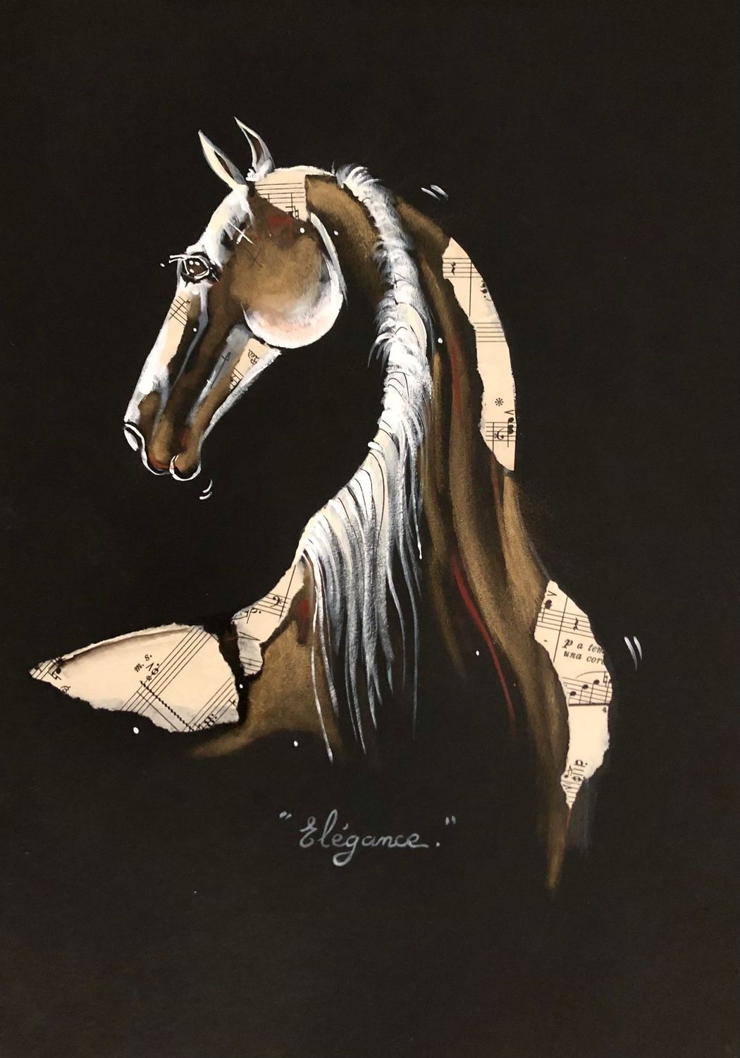 "Elégance".
Sur papier black 250gr 42x29,5cm.
Acrylique, pastels, poudre or. collages
