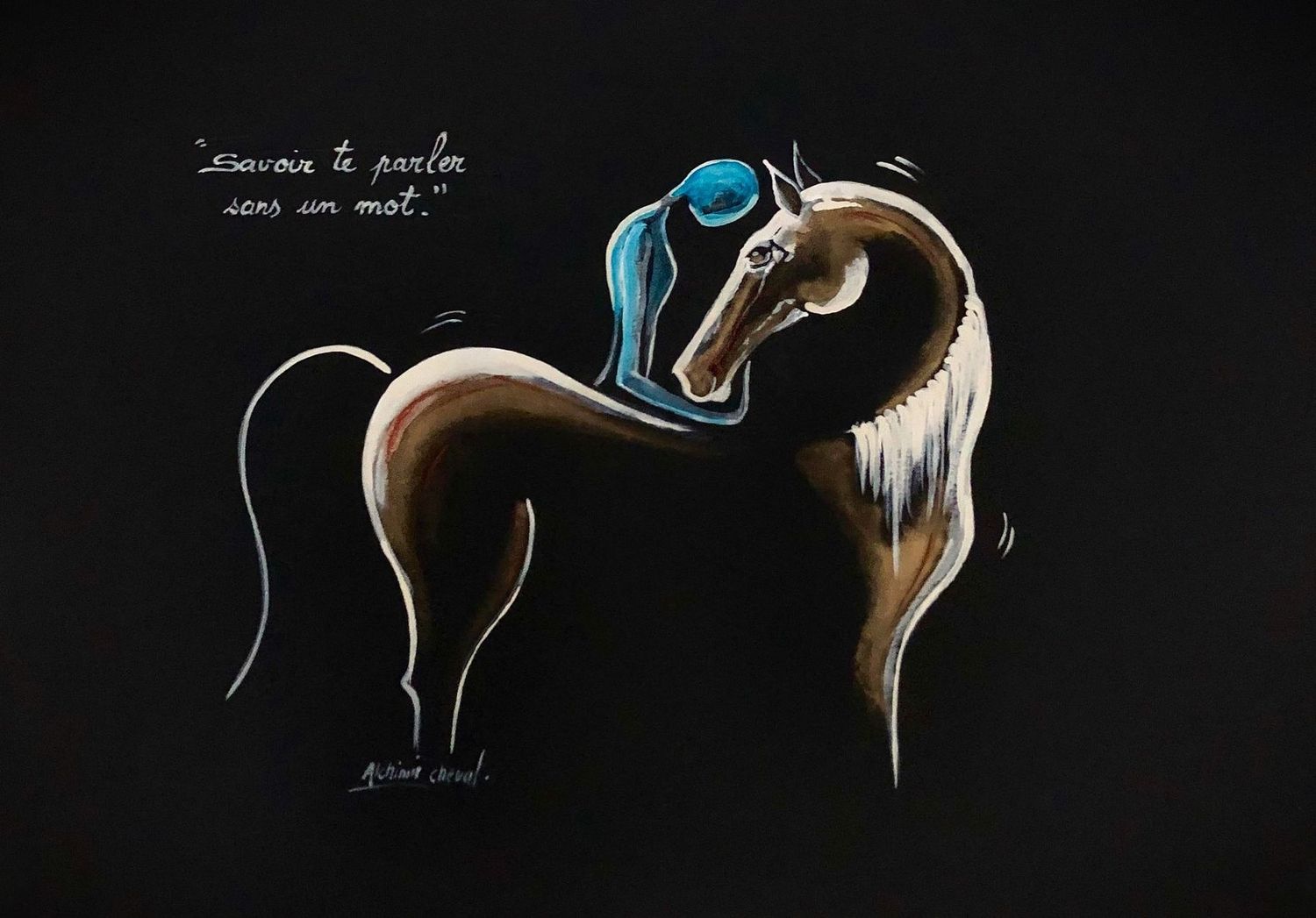 "Savoir te parler sans un mot".
Sur papier black 250gr 42x29,5cm.
Acrylique, encres poudre Or.