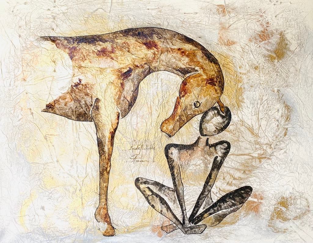 "Indéfectible amour". Sur toile châssis lin 90x75cm Matière, encres, poudre or.