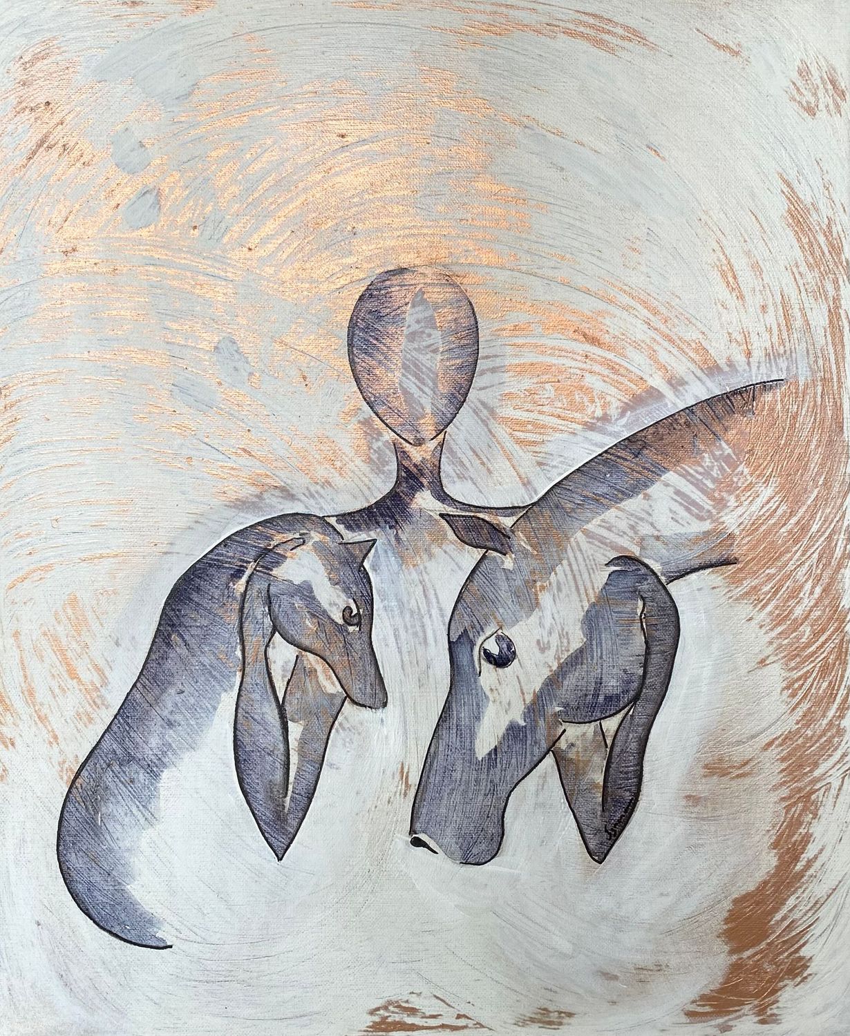 "Vivre avec vous".
Toile châssis lin 46x38cm.
Encres, acrylique, poudre métallique.
