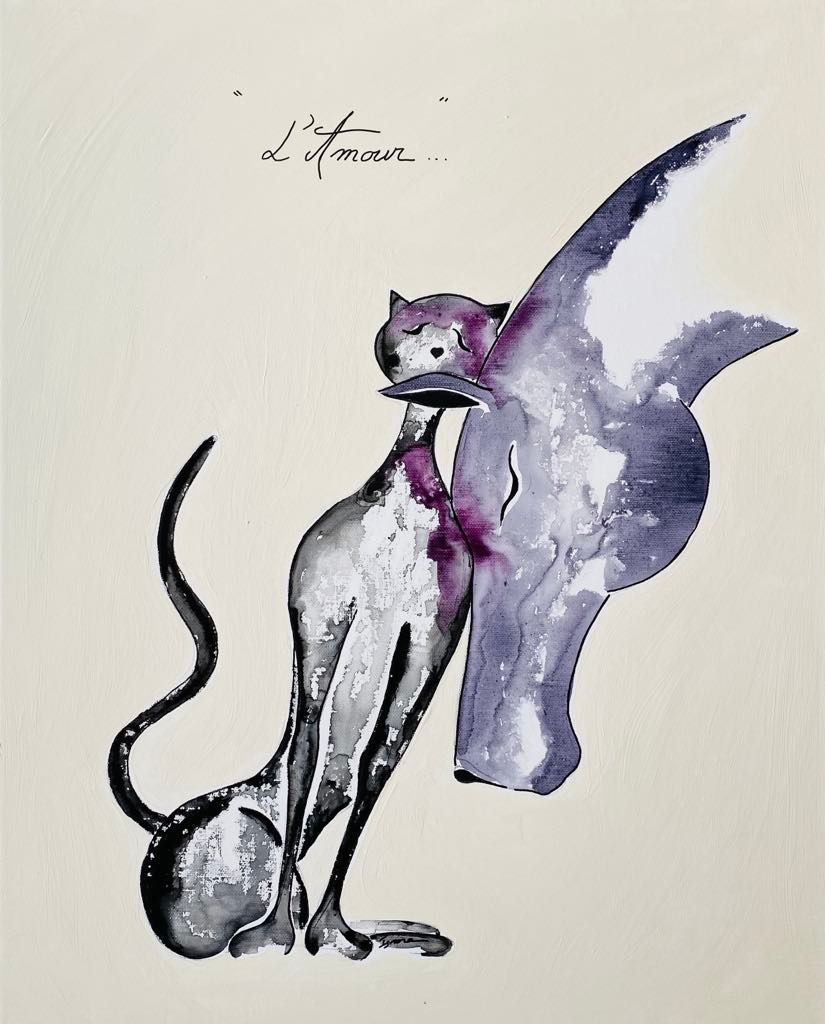 "L'amour".
Sur toile châssis lin 50x40cm.
Encres acrylique.
Vernis.