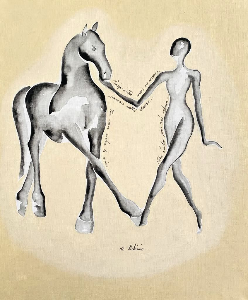 "Entre-nous".
Sur une toile châssis lin de 55x46cm
Encres, pointes fines.