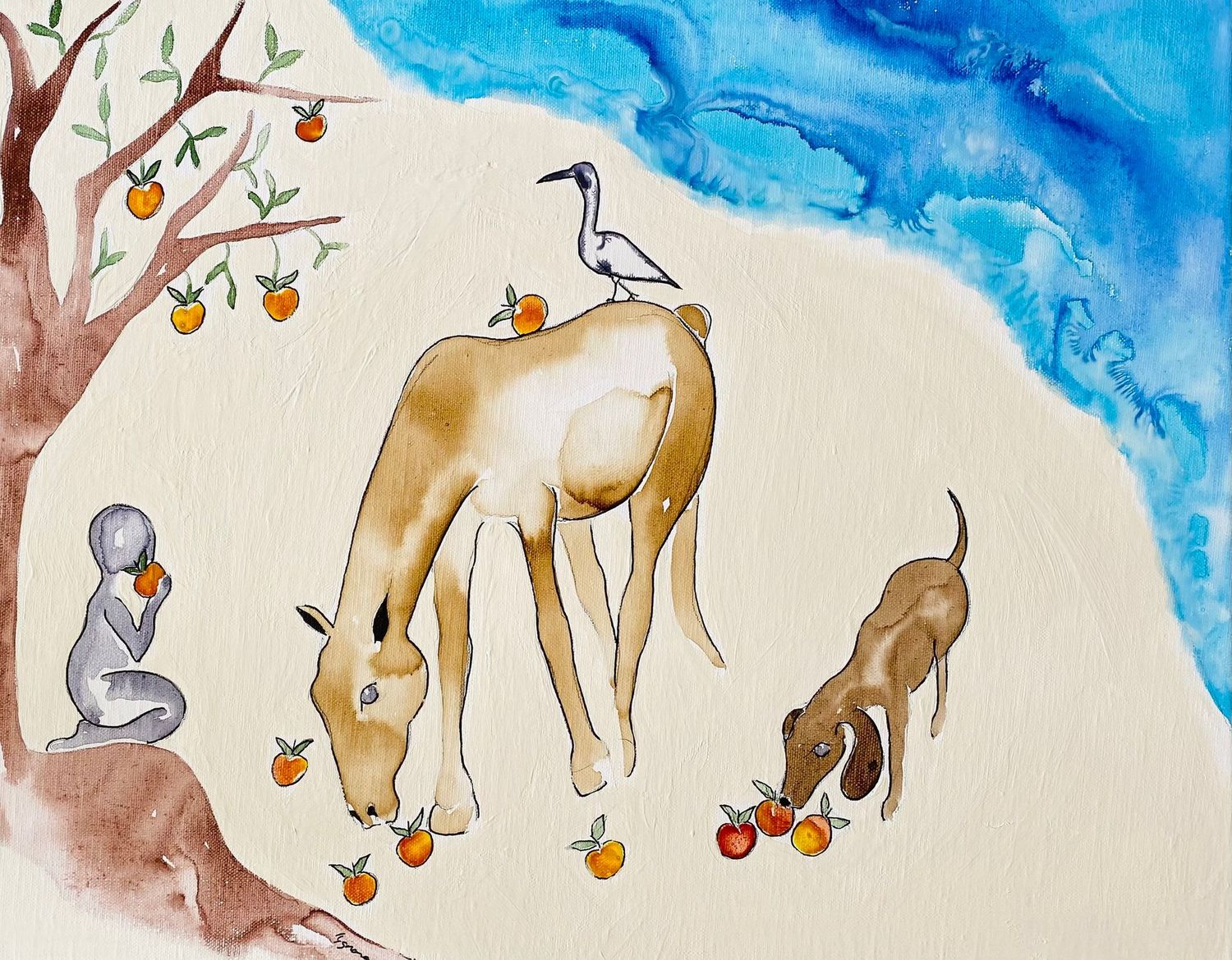 "L'heure du gouter"
Sur toile châssis lin 50x40cm. Encres