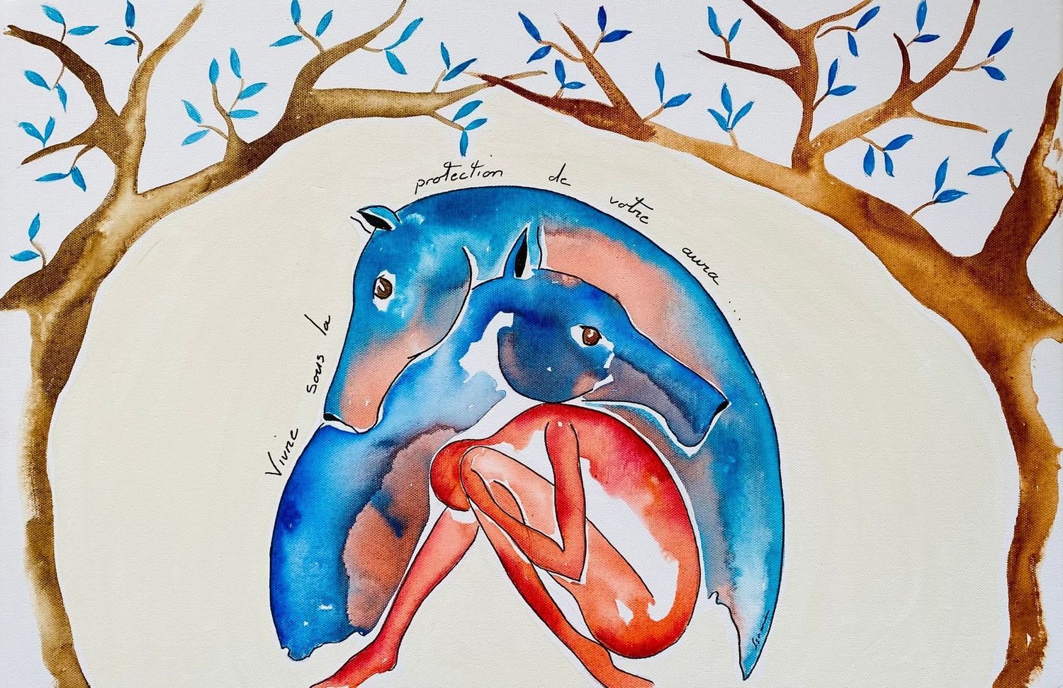 "Vivre sous la protection de votre aura". Sur toile châssis lin 60cmx40cm. Acrylique, encres....
