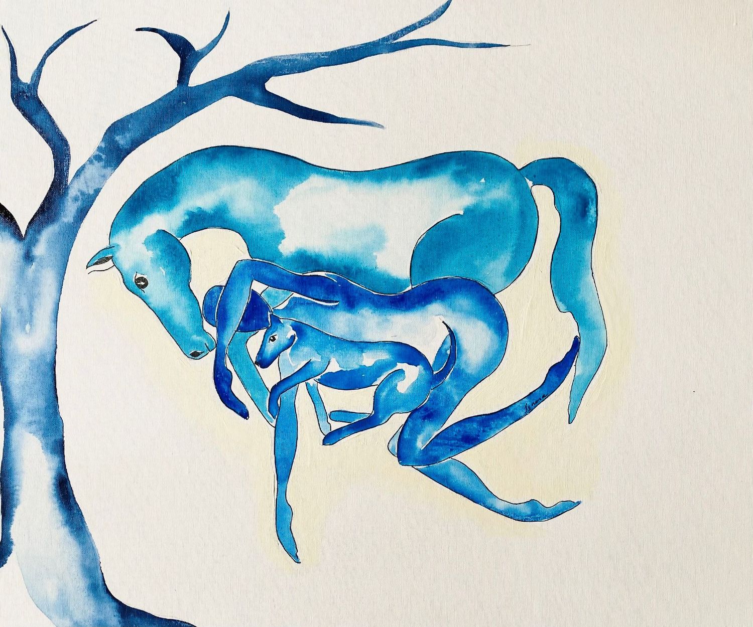 "Paradis bleu".Sur toile encollée 55x46cm. Encres, acrylique.