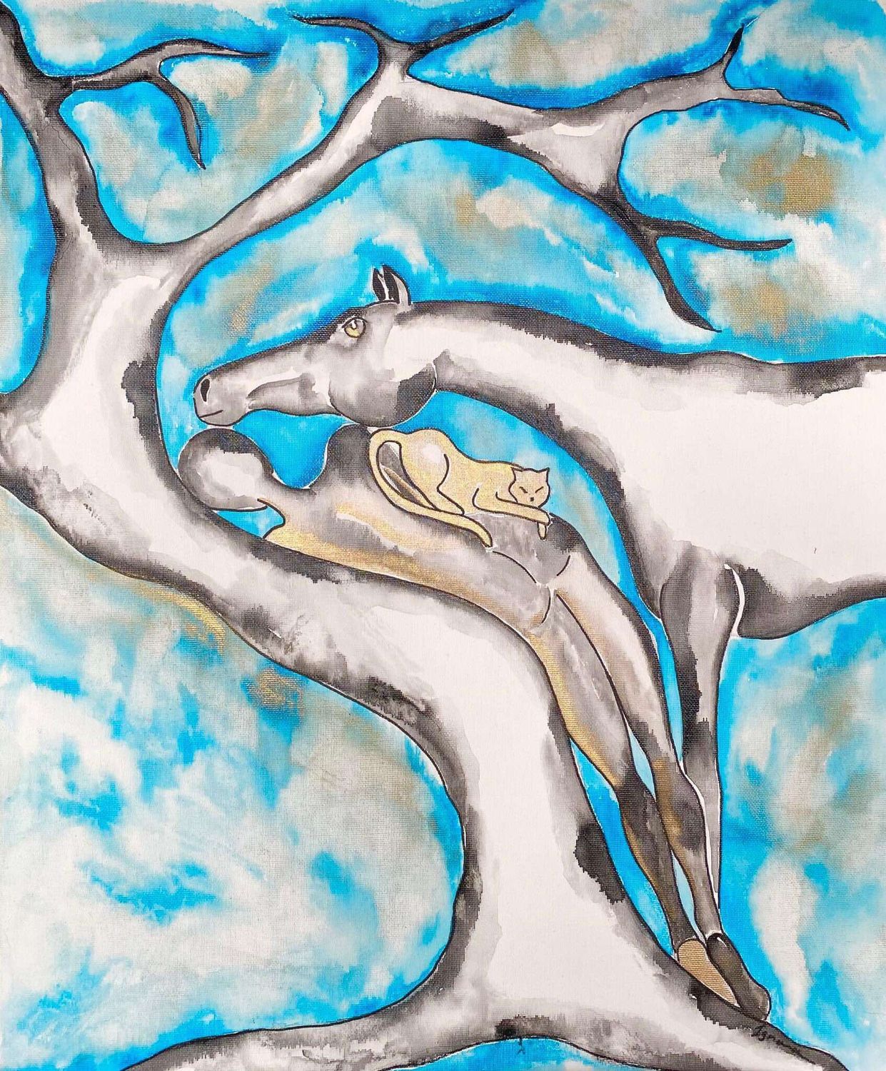 "Me reposer sous ton âme"..... Réalisation sur toile encollée. 46 par 38 cm. acrylique, encres.
