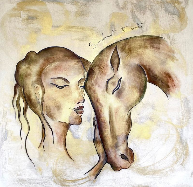 "Vivre cheval". Sur grande  toile châssis lin 100x100cm. Acrylique, encres, poudre or.