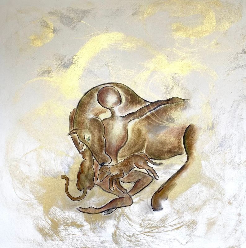 "Contre vous". Sur toile châssis lin 80x80cm. Acrylique, pastels, encres, poudre or..
