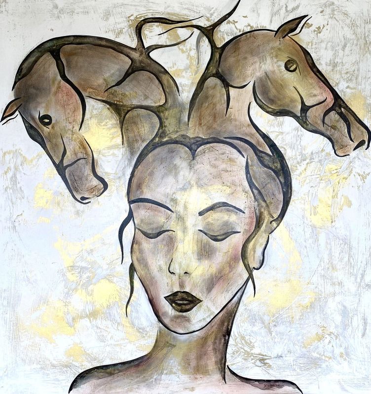 "Vivre cheval". Sur grande toile châssis lin 100x100cm. Acrylique, encres, poudre or...