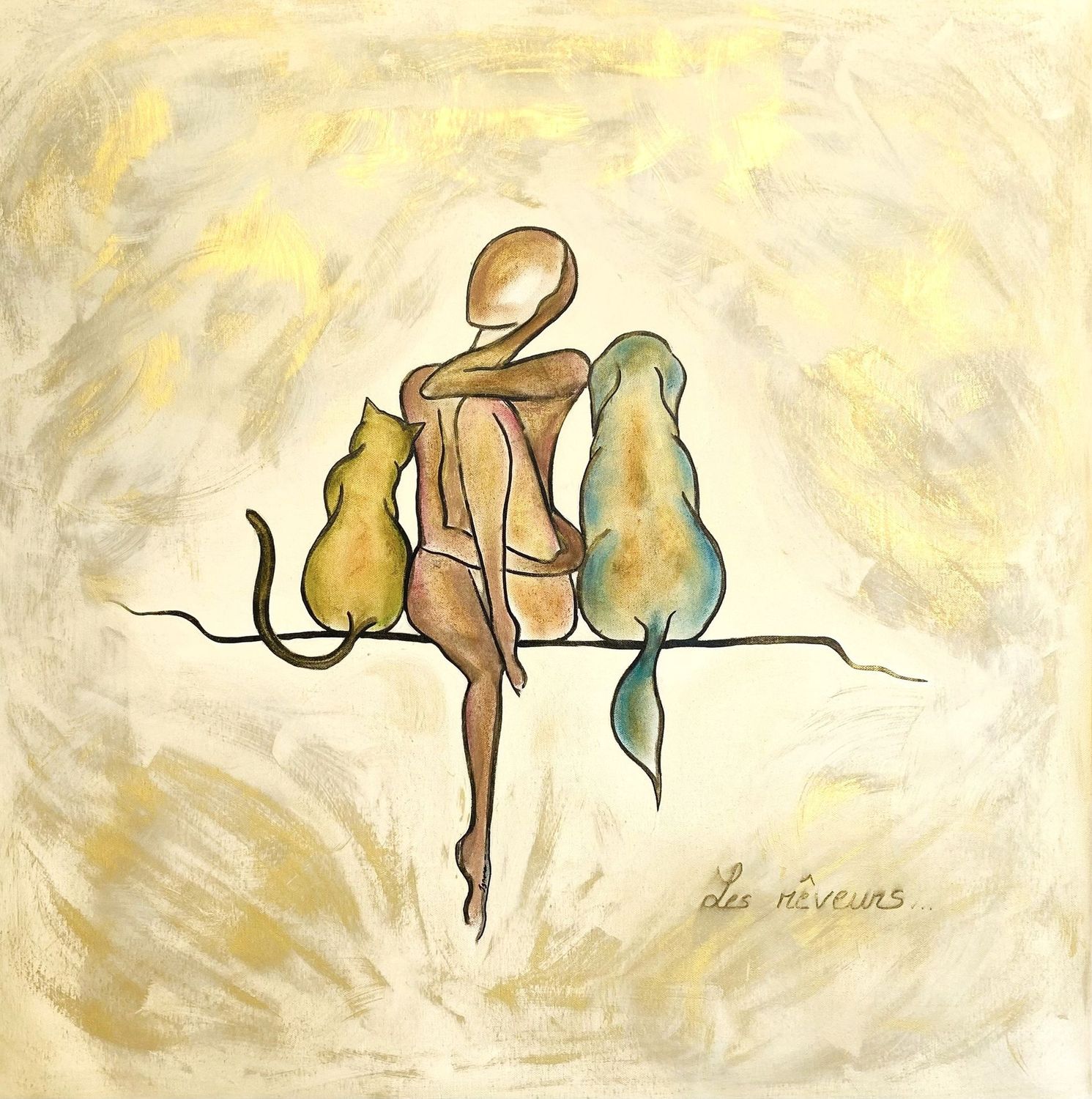 "Les rêveurs". Sur toile châssis lin 80x80cm. Acrylique, encres, poudre or...