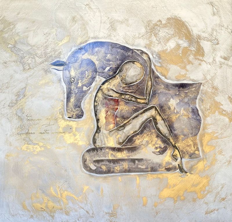Réservé. "Trouvé refuge...." Sur toile châssis 100x100cm. Acrylique, pastels, encres, poudre or...