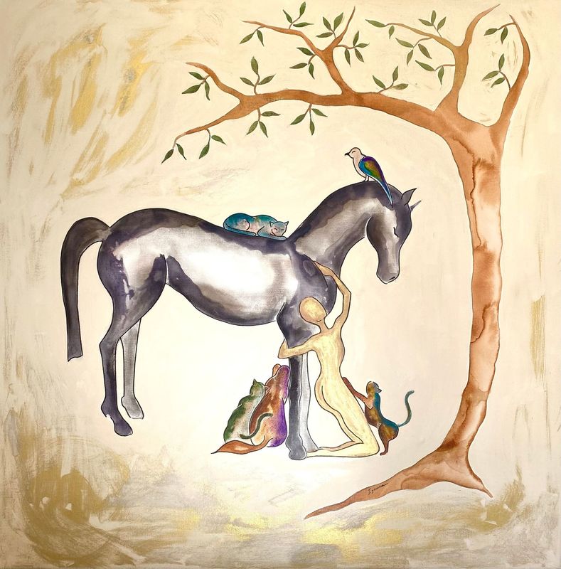 "Contre toi au plus bel endroit". Grande toile châssis lin 100cmx100cm. Pastels, fusains, encres, acrylique, poudre or...