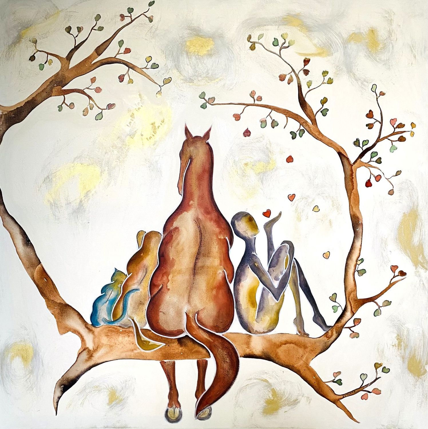 "A l'heure d'automne". Sur grande toile châssis lin 90x90cmcm. Acrylique, pastels, fusains, encres, poudre or.