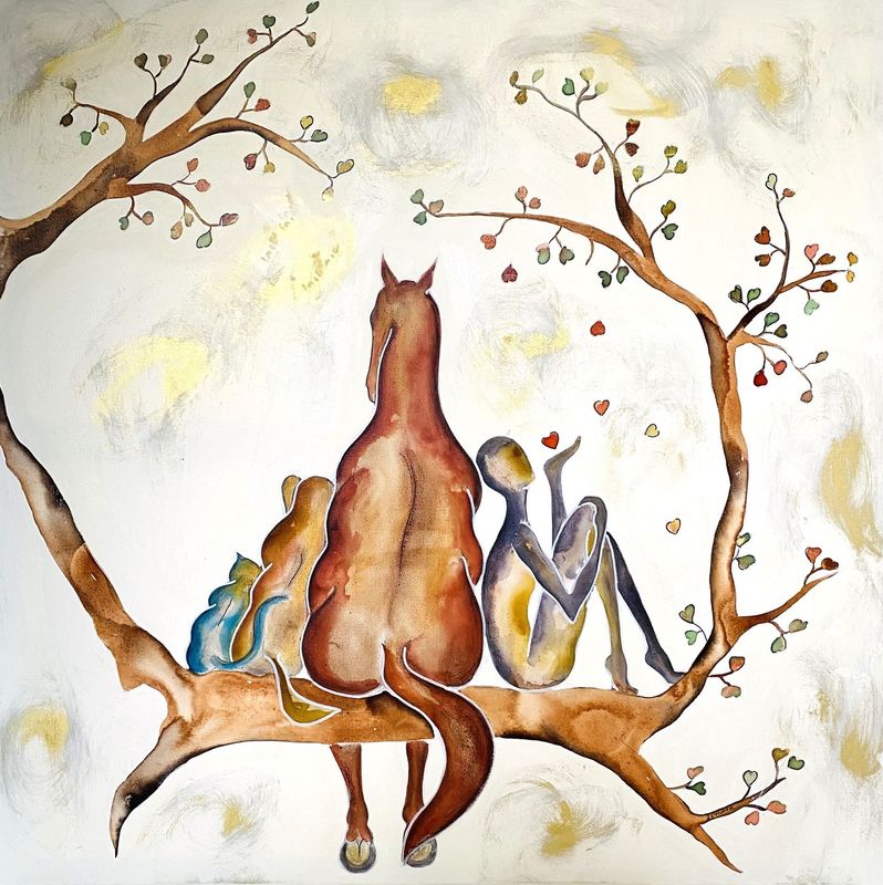 "A l'heure d'automne". Sur grande toile châssis lin 90x90cmcm. Acrylique, pastels, fusains, encres, poudre or.