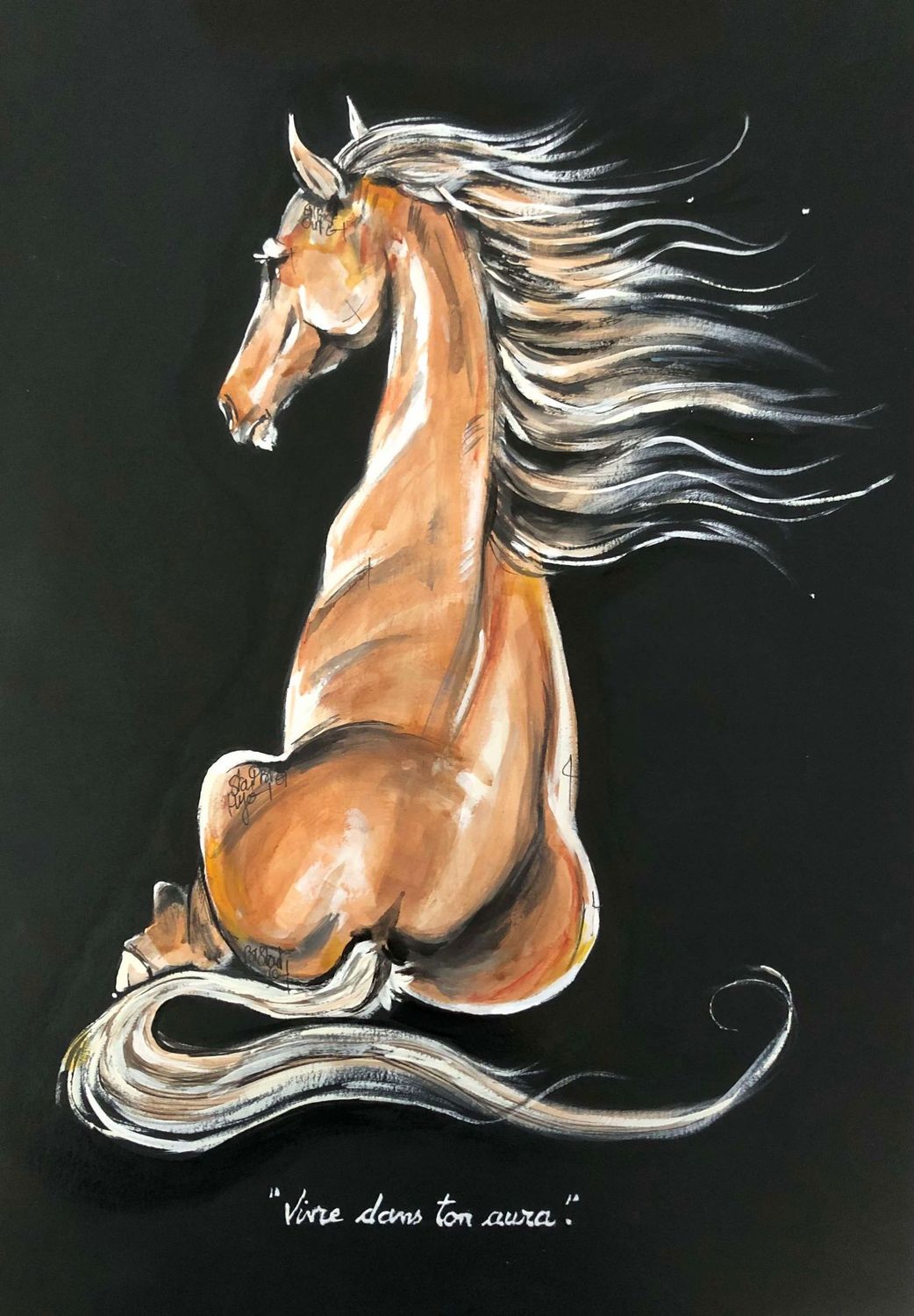 "Vivre dans ton aura". Sur papier black 250gr 42x29,5cm. Pastels, encres, acrylique....