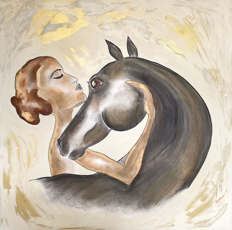 "Harmonie". Sur toile châssis lin 100x100cm. Acrylique, pastels, fusains, poudre or. Vernis