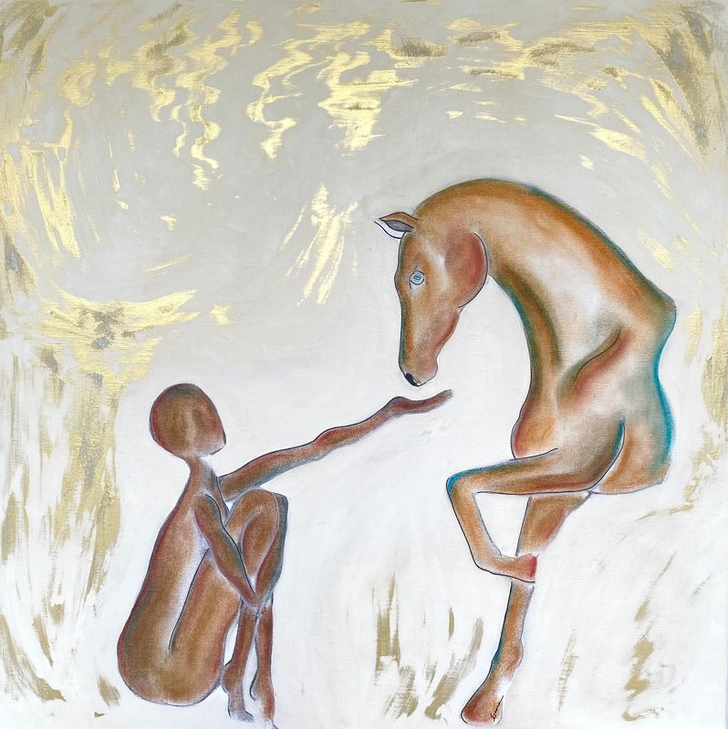 "Te laisser venir". Sur châssis lin 80x80cm. Acrylique, fusains, pastels, poudre or, vernis...