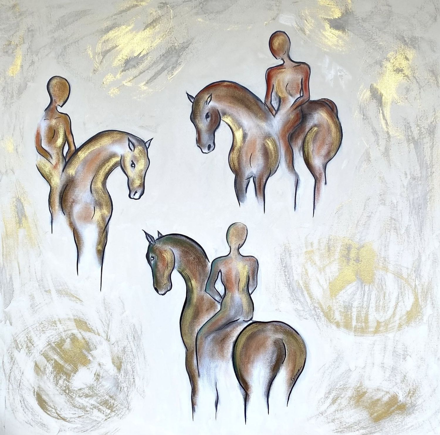 "Trio". Sur toile châssis lin 80x80cm. Acrylique, pastels, fusains, poudre or, Vernis.
