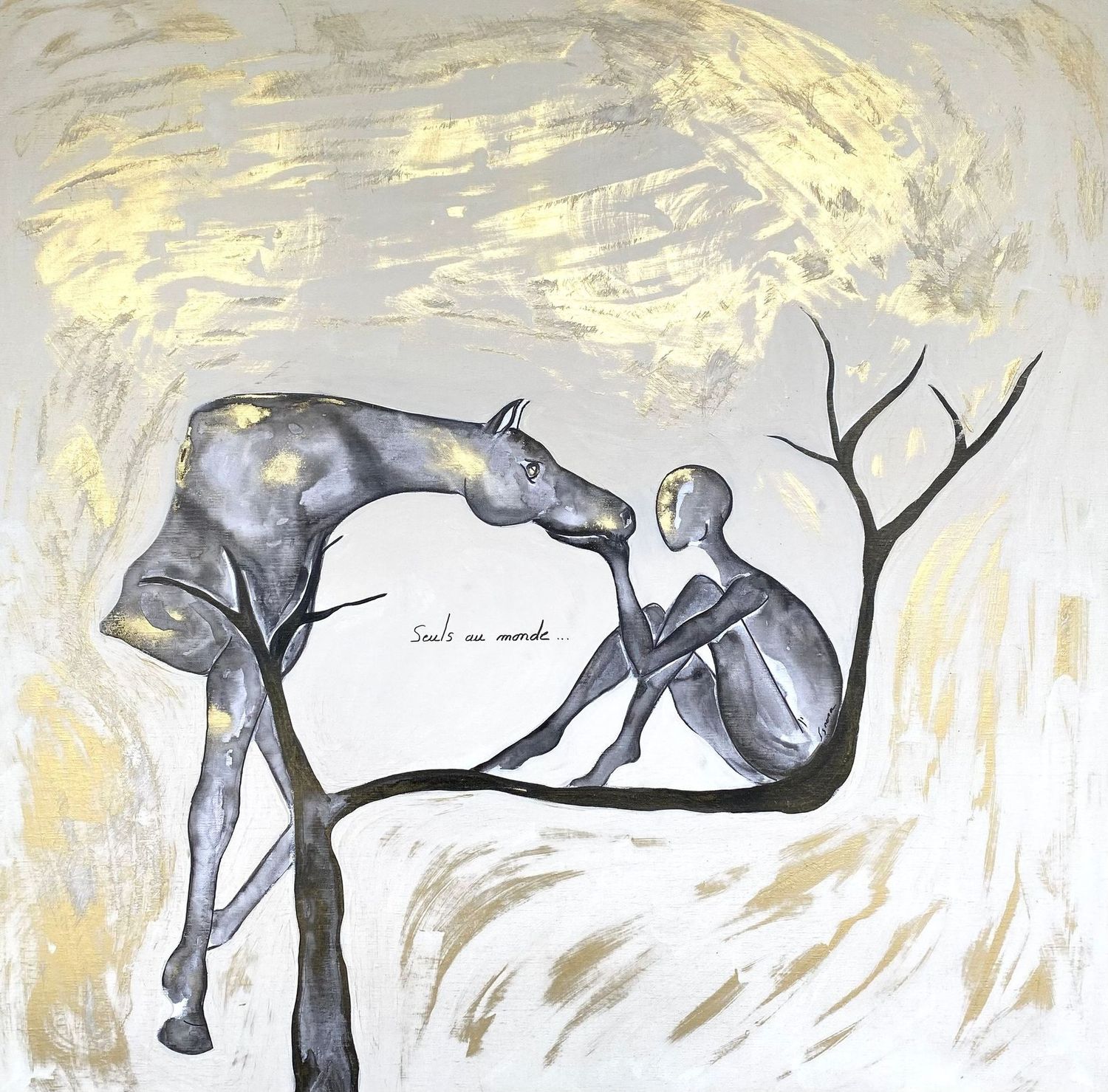 "Trio". Sur toile châssis lin 80x80cm. Acrylique, pastels, fusains, poudre or, Vernis.