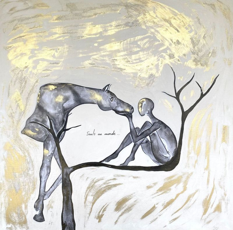 "Trio". Sur toile châssis lin 80x80cm. Acrylique, pastels, fusains, poudre or, Vernis.