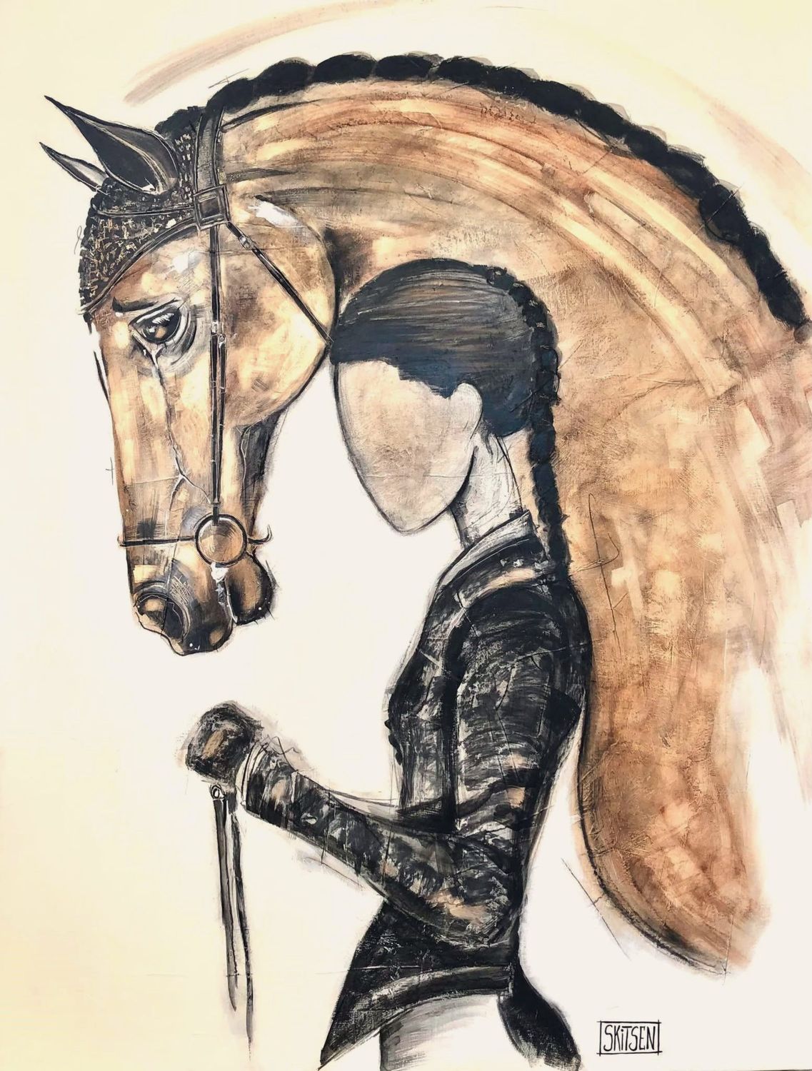 'Intimité". Sur toile châssis lin 116x89 cm. Acrylique, pastels, fusains, encres, poudre or.